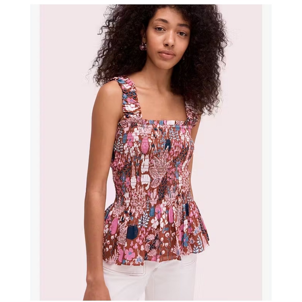 Kate Spade New York Smocked Peplum Top Floral Garden Cotton Sleeveless Small